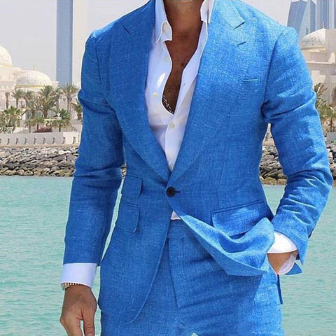 Summer Blue Beach Tuxedos Peaked Lapel One Button Slim Fit